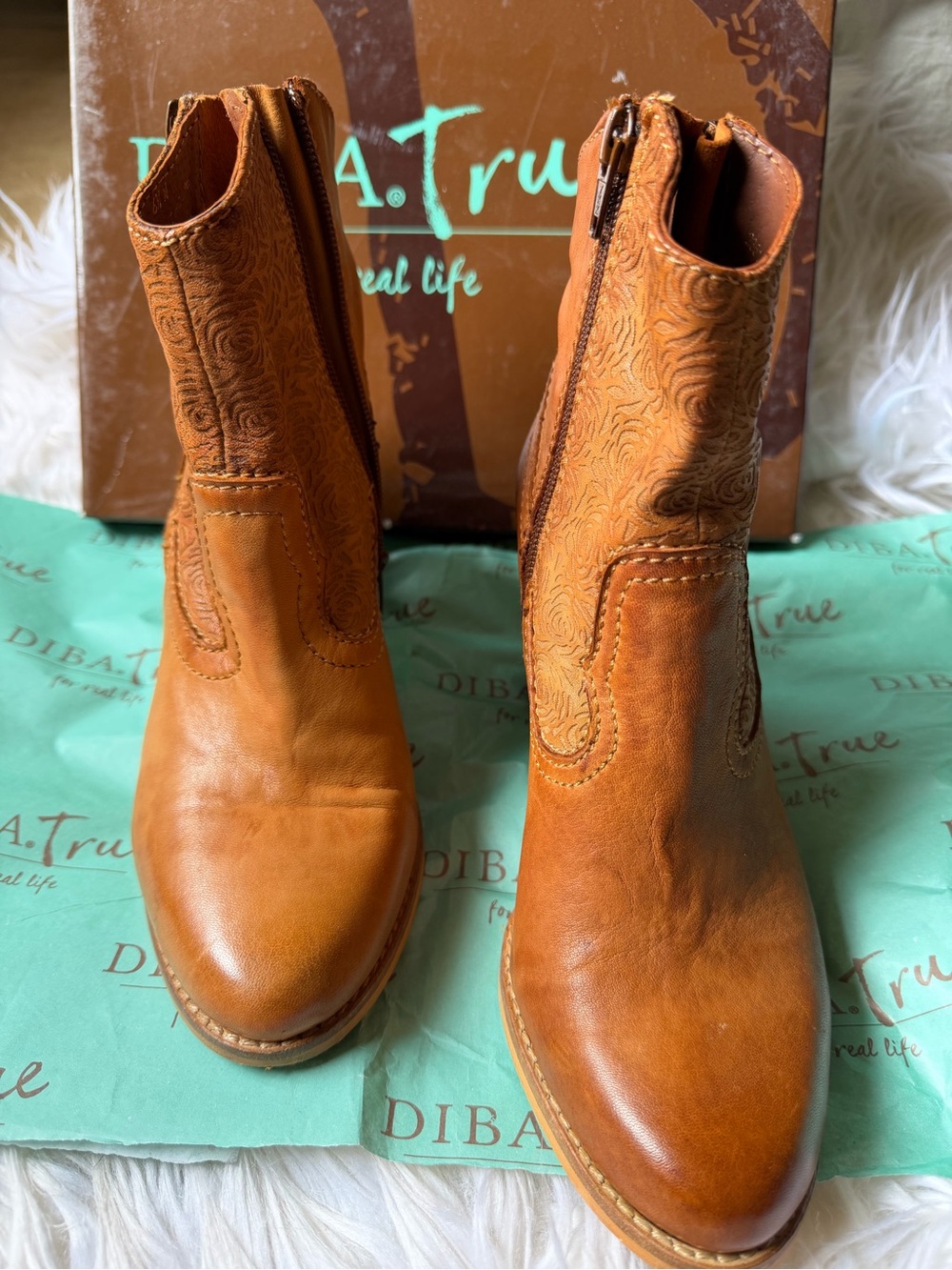 Diba True Women's Tan Leather Embossed Ankle Booties